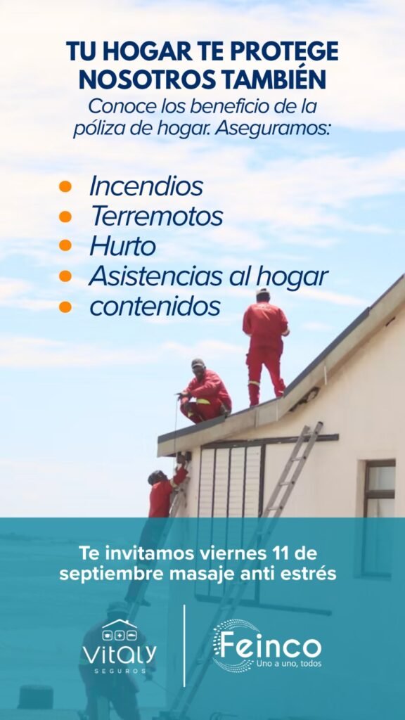 Publicidad de póliza de hogar de Vitaly Seguros y Feinco. Cobertura para incendios, terremotos, hurto, asistencias al hogar y contenidos. Invitación a masaje anti estrés el viernes 11 de septiembre.