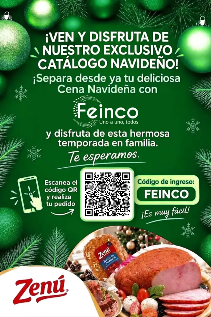 Pieza navideña de Feinco que invita a los asociados a consultar el catálogo de cenas navideñas Zenú y realizar sus pedidos mediante código QR con el código de ingreso FEINCO.