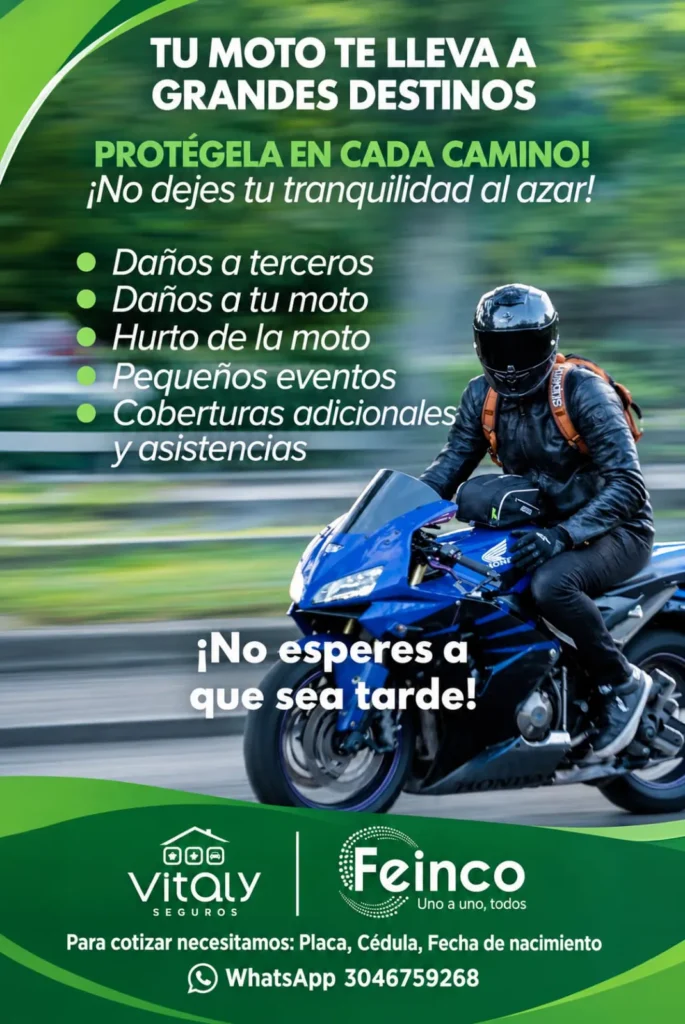 Pieza promocional de Feinco y Vitaly Seguros que invita a proteger tu moto con coberturas por daños a terceros, daños propios, hurto y asistencias adicionales.